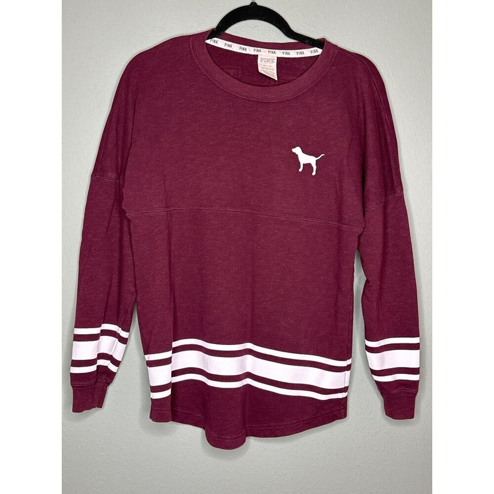 Victoria's Secret PINK Women's XS LS Crewneck Maroon White Logo Pullover Sweatsh - Picture 2 of 6